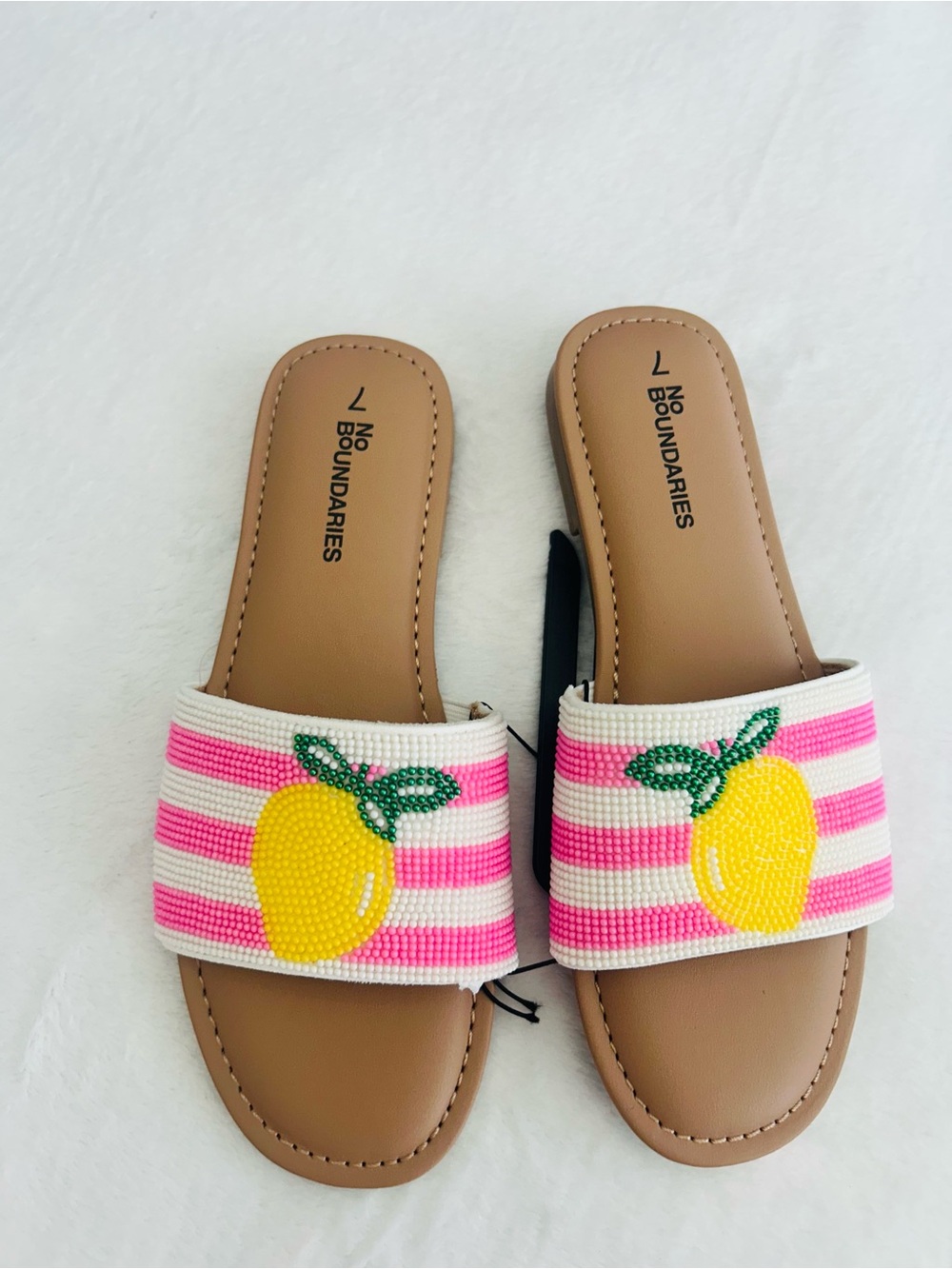 No Boundaries Pink & Yellow Lemon Beaded Slide Sandals